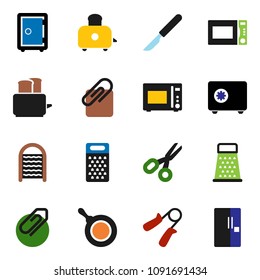 solid vector icon set - washboard vector, pan, grater, toaster, microwave oven, scissors, safe, hand trainer, scalpel, attachment, fridge
