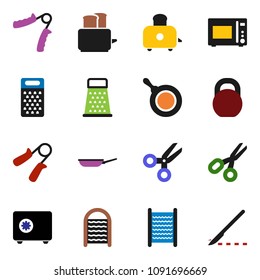 solid vector icon set - washboard vector, pan, grater, toaster, microwave oven, scissors, safe, weight, hand trainer, scalpel