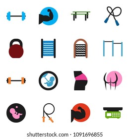 solid vector icon set - washboard vector, barbell, weight, jump rope, horizontal bar, muscle hand, buttocks, pregnancy, store scales