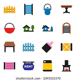 solid vector icon set - washboard vector, camping cauldron, cutting board, wood box, chalet, fence, rent signboard, table, fireplace