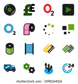 solid vector icon set - washboard vector, toilet paper, pound, oxygen, disk, play button, pills blister, gear, loading, route arrow, relocation truck, 24 hour