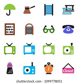 solid vector icon set - washboard vector, hand mill, turk coffee, glasses, alarm clock, abacus, umbrella, film frame, radio, tv, classic phone, closed