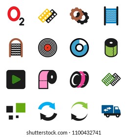 solid vector icon set - washboard vector, toilet paper, plates, pie graph, oxygen, disk, play button, pills blister, gear, refresh, loading, relocation truck