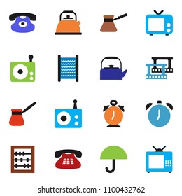 solid vector icon set - washboard vector, kettle, turk coffee, alarm clock, abacus, umbrella, film frame, radio, tv, classic phone