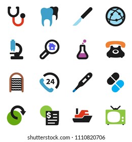 solid vector icon set - washboard vector, phone, 24, ship, receipt, internet, thermometer, flask, scalpel, stethoscope, pills, microscope, tooth, redo, search estate, tv