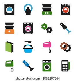 solid vector icon set - washer vector, washing powder, mixer, double boiler, blender, tomography, gear, card reader