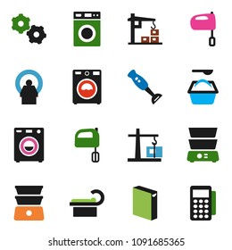 solid vector icon set - washer vector, washing powder, mixer, double boiler, blender, tomography, gear, construction crane, card reader