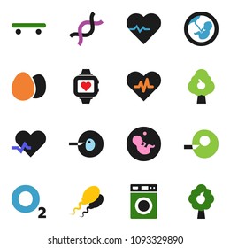 solid vector icon set - washer vector, egg, heart pulse, skateboard, monitor, oxygen, dna, pregnancy, insemination, sperm, fruit tree