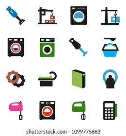 solid vector icon set - washer vector, washing powder, mixer, blender, tomography, gear, construction crane, card reader