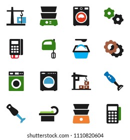 solid vector icon set - washer vector, washing powder, mixer, double boiler, blender, tomography, gear, construction crane, card reader