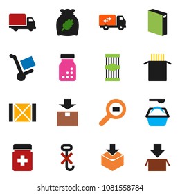 solid vector icon set - washing powder vector, cereal, pasta, delivery, wood box, no hook, package, cargo search, pills bottle, relocation truck, trolley
