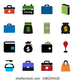 solid vector icon set - washing powder vector, pasta, case, backpack, wallet, money bag, punching, doctor, shopping