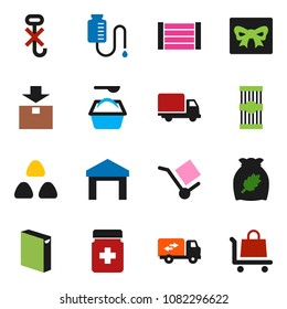 solid vector icon set - washing powder vector, cereal, pasta, delivery, wood box, cargo, no hook, warehouse, package, pills bottle, drop counter, relocation truck, gift, trolley