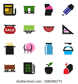 solid vector icon set - washing powder vector, colander, jar, pasta, pencil, corner ruler, apple fruit, buttocks, Railway carriage, truck trailer, newspaper, sale signboard, mailbox