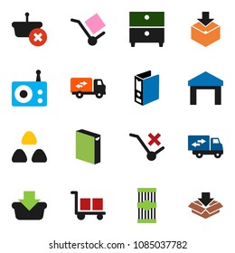 solid vector icon set - washing powder vector, cereal, pasta, archive, binder, cargo, no trolley, warehouse, package, radio, relocation truck, basket