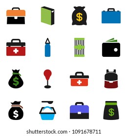 solid vector icon set - washing powder vector, pasta, case, backpack, wallet, money bag, punching, doctor