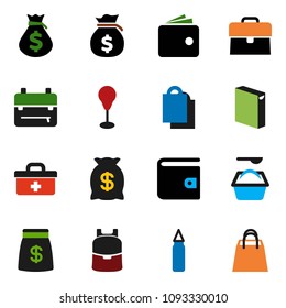 solid vector icon set - washing powder vector, backpack, wallet, money bag, case, punching, doctor, shopping