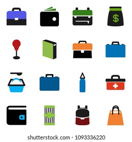 solid vector icon set - washing powder vector, pasta, case, backpack, wallet, punching bag, doctor, money, shopping