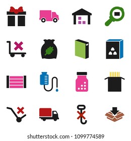 solid vector icon set - washing powder vector, cereal, pasta, delivery, wood box, no trolley, hook, warehouse, cargo search, pills bottle, drop counter, gift, package