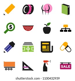 solid vector icon set - washing powder vector, sprayer, colander, plates, pencil, corner ruler, apple fruit, money search, hierarchy, stadium, buttocks, pills, truck trailer, newspaper