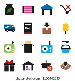 solid vector icon set - washing powder vector, cereal, pasta, wood box, no trolley, warehouse, package, radio, mailbox, relocation truck, gift, basket
