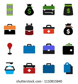 solid vector icon set - washing powder vector, pasta, case, backpack, wallet, money bag, punching, doctor, shopping