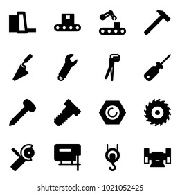 Solid vector icon set - water power plant vector, conveyor, hammer, trowel, wrench, plumber, screwdriver, nail, bolt, nut, saw disk, Angular grinder, jig, winch, sharpening