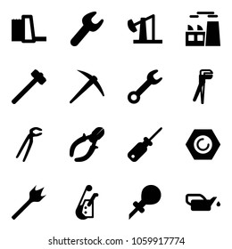 Solid vector icon set - water power plant vector, wrench, oil derrick, sledgehammer, axe, plumber, side cutters, screwdriver, nut, wood drill, winch, oiler