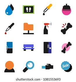 solid vector icon set - water drop vector, welcome mat, sprayer, magnifier, dropper, broken bone, network folder, lan connector, bench, consumer, fridge, sale