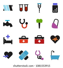 solid vector icon set - water tap vector, pills vial, doctor bag, heart pulse, crutches, patch, stethoscope, hospital bed, bandage, tooth implant, bath