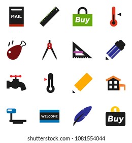 solid vector icon set - water tap vector, welcome mat, thermometer, chicken leg, pen, pencil, corner ruler, drawing compass, big scales, cottage, mailbox, buy