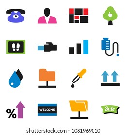 solid vector icon set - water drop vector, welcome mat, percent growth, consolidated cargo, top sign, sorting, classic phone, dropper, counter, network folder, lan connector, fruit tree, consumer