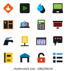 solid vector icon set - water tap vector, drop, window cleaning, copybook, calculator, schedule, presentation board, warehouse, flammable, notebook pc, play button, message, network document, unlock