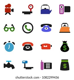 solid vector icon set - water tap vector, kettle, glasses, alarm clock, money bag, phone, big scales, video camera, classic