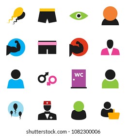 solid vector icon set - water closet vector, muscule hand, shorts, doctor, eye, gender sign, sperm, user, consumer, customer