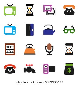 solid vector icon set - water tap vector, kettle, glasses, abacus, sand clock, phone, film frame, tv, video camera, microphone, fridge, money bag