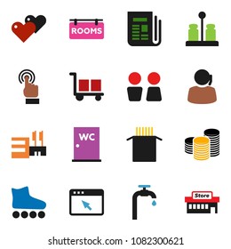 solid vector icon set - water closet vector, spices, pasta, coin stack, roller Skates, support, cargo, newspaper, touchscreen, heart, browser, supply, rooms signboard, mall