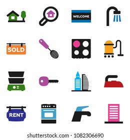 solid vector icon set - water tap vector, vacuum cleaner, welcome mat, iron, skimmer, oven, double boiler, key, chalet, rent signboard, sold, office building, search estate, bath