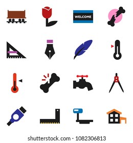 solid vector icon set - water tap vector, welcome mat, thermometer, pen, corner ruler, drawing compass, Railway carriage, tulip, big scales, hdmi, broken bone, cottage