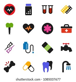 solid vector icon set - water tap vector, heart pulse, pills vial, doctor bag, ambulance star, crutches, broken bone, patch, blister, drop counter, tooth, implant, bath