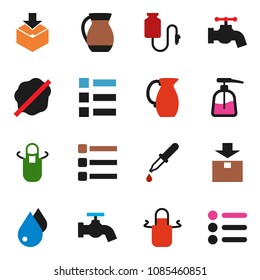 solid vector icon set - water drop vector, tap, splotch, liquid soap, apron, jug, package, dropper, counter, menu