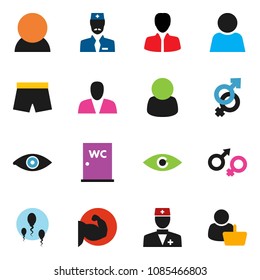 solid vector icon set - water closet vector, manager, muscule hand, shorts, doctor, eye, gender sign, sperm, user, consumer, customer