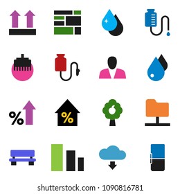 solid vector icon set  - water drop vector, percent growth, consolidated cargo, top sign, sorting, counter, network folder, lan connector, bench, cloud download, fruit tree, consumer, fridge