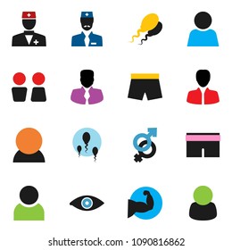 solid vector icon set  - water closet vector, manager, muscule hand, shorts, doctor, eye, gender sign, sperm, user, consumer, customer
