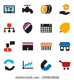 solid vector icon set  - water tap vector, plates, house hold, magnet, leaf, graph, shorts, calendar, office, tv, speaking man, shield, hub, refresh, hierarchy, cart
