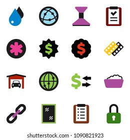 solid vector icon set - water drop vector, car fetlock, window cleaning, foam basin, exchange, dollar medal, internet, ambulance star, pills blister, chain, garage, shopping list, lock