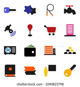 solid vector icon set - water tap vector, splotch, blackboard, wallet, gold ingot, jump rope, punching bag, satellite, key, apartments, ari condition, building, cart, catalog, signpost, password