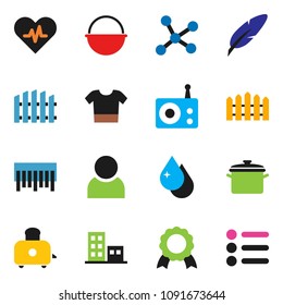 solid vector icon set - water drop vector, pan, camping cauldron, toaster, pen, medal, barcode, radio, heart pulse, network, user, fence, apartments, clothes, menu