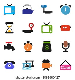 solid vector icon set - water tap vector, kettle, alarm clock, big scales, film frame, tv, video camera, microphone, classic phone, sand, money bag, closed