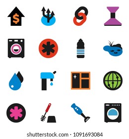 solid vector icon set - water drop vector, car fetlock, window cleaning, toilet brush, blender, dollar growth, bottle, internet, ambulance star, chain, route arrow, pond, supply, washer